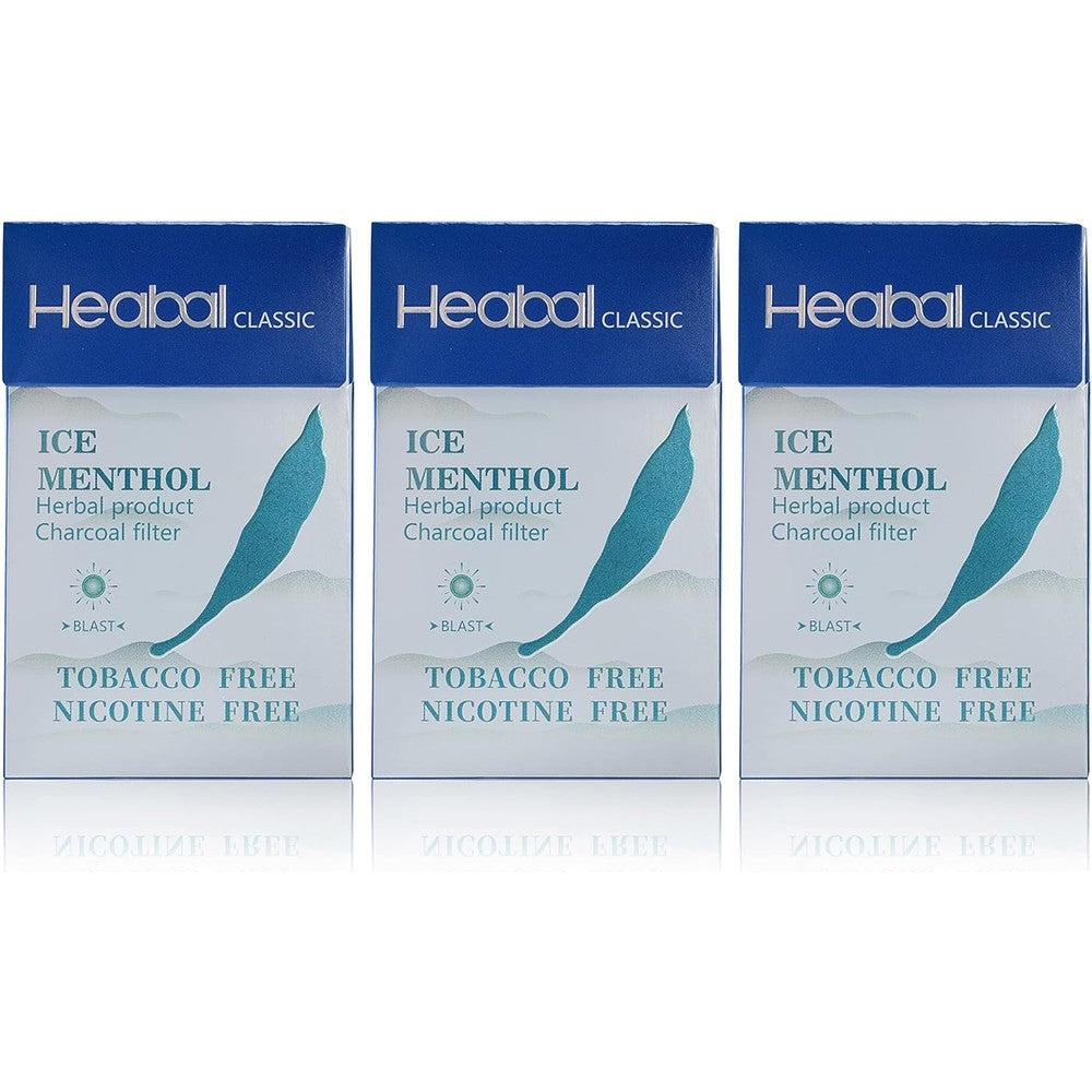 The Frugal Smoker HEABAL Ice Menthol herbal cigarettes 3 pack front view nicotine free alternative.