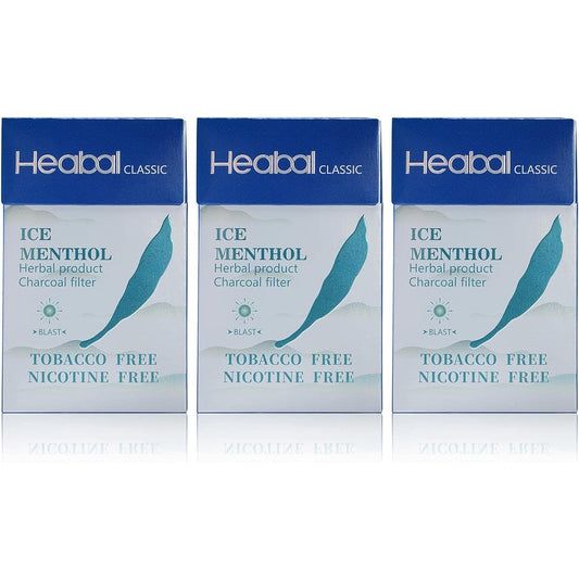 The Frugal Smoker HEABAL Ice Menthol herbal cigarettes 3 pack front view nicotine free alternative.