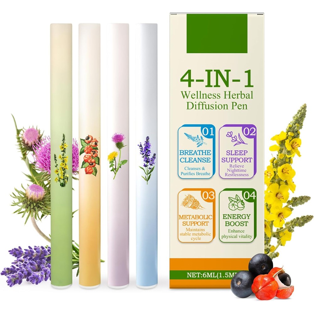 Pure Botanicals 4-in-1 Mullein Herbal Diffuser Pen set front view showing four unique colorful botanical designs