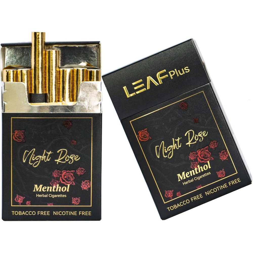LeafPlus Night Rose Herbal Cigarettes front pack view for tobacco free smoking.