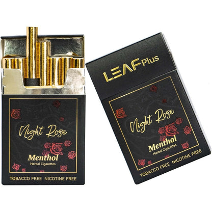 LeafPlus Night Rose Herbal Cigarettes front pack view for tobacco free smoking.