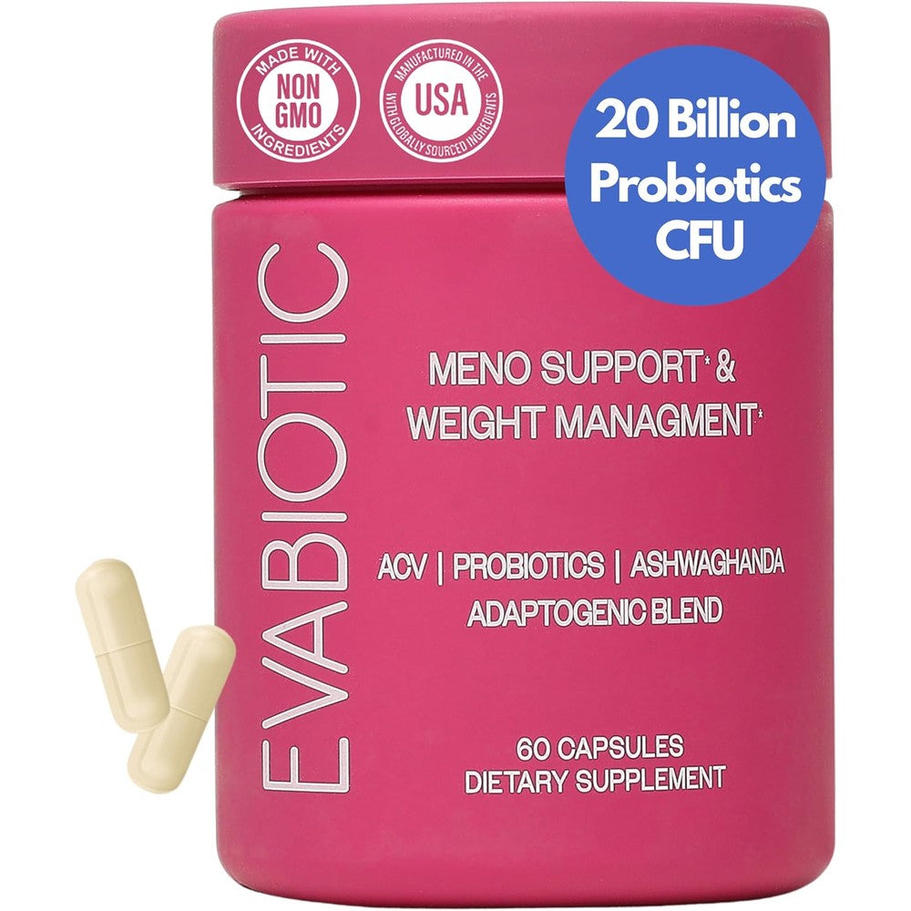 Evabiotic Complete Menopause Vitamins bottle front view showing premium USA packaging.