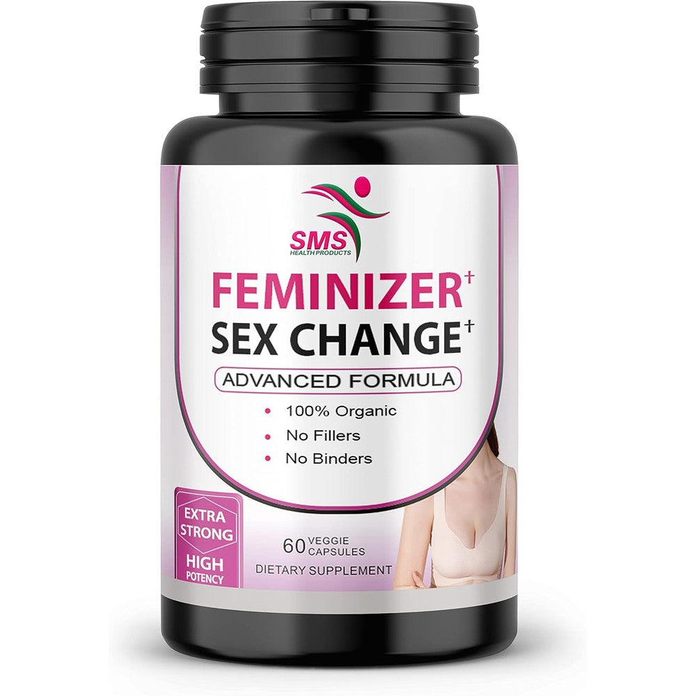 SMS Health Products Feminizer Sex Change bottle front view herbal estrogen supplement.