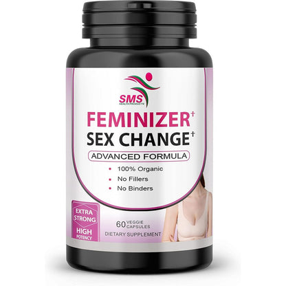 SMS Health Products Feminizer Sex Change bottle front view herbal estrogen supplement.