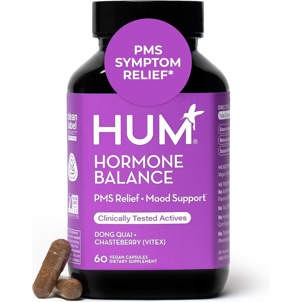 HUM Nutrition Hormone Balance 60 capsules front bottle view for PMS relief.