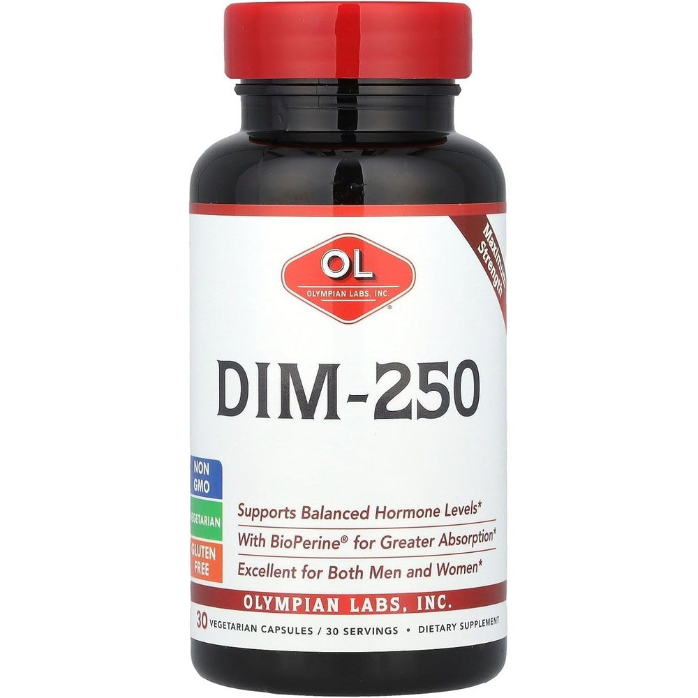 Olympian Labs DIM Supplement 250mg bottle front view for hormone balance.