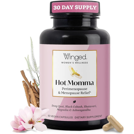 Winged Wellness Hot Momma Menopause Supplements front bottle view for hormone balance