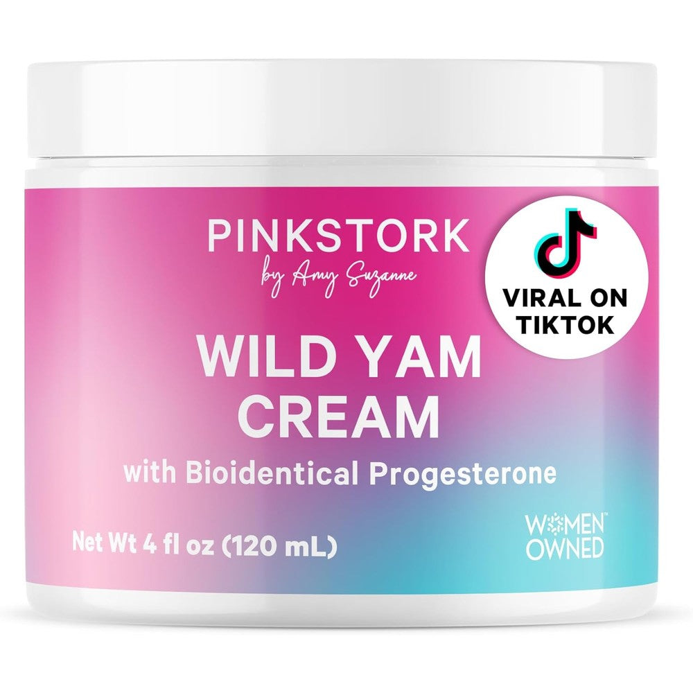 Pink Stork Wild Yam Cream for Hormone Balance front view 4 ounce jar