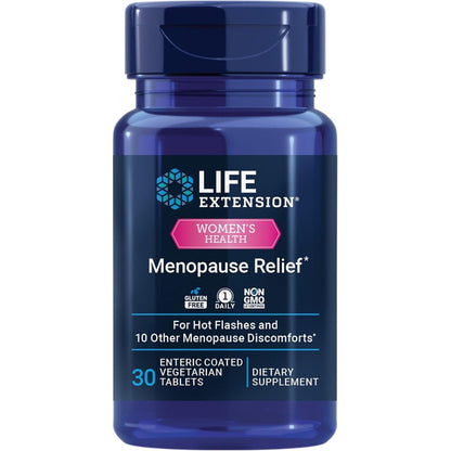 Life Extension Menopause Relief 30 tablets front bottle view for hot flash support.