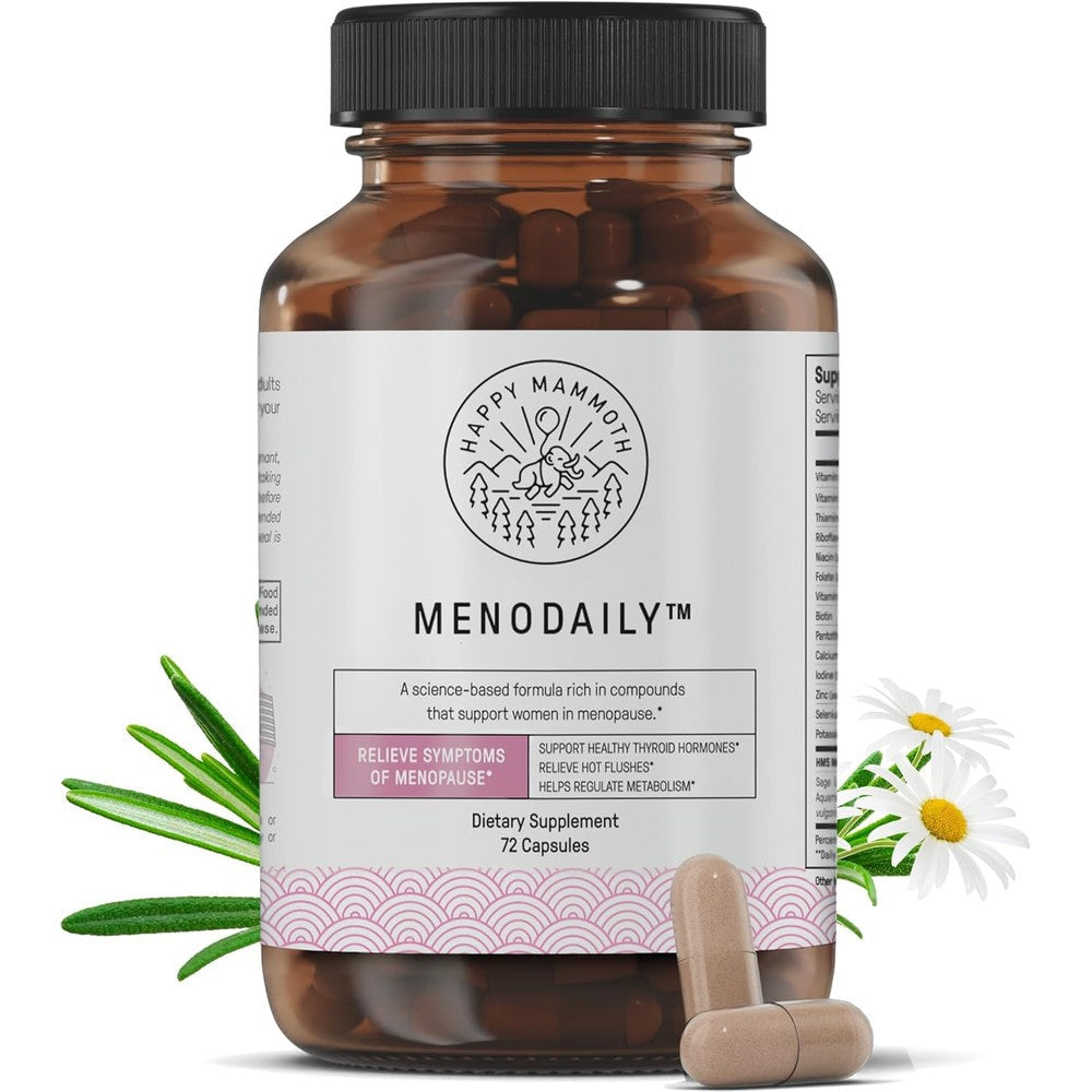 Happy Mammoth MenoDaily menopause supplement amber bottle front view