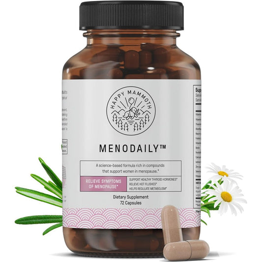Happy Mammoth Meno Daily Menopause Vitamins front view authentic imported supplement bottle.