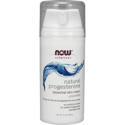 NOW Foods Natural Progesterone Liposomal Skin Cream Unscented bottle front view for hormonal balance support.