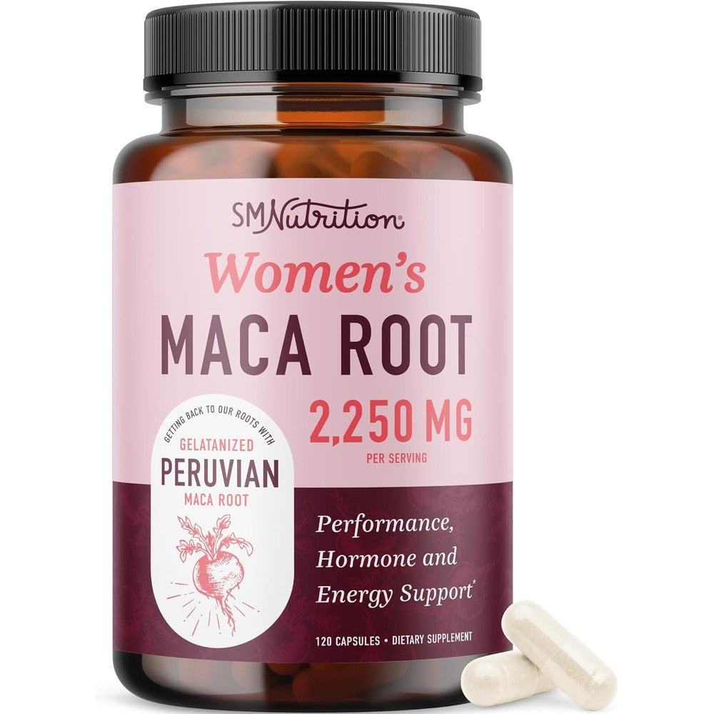 SMNutrition organic maca root capsules front view bottle packaging