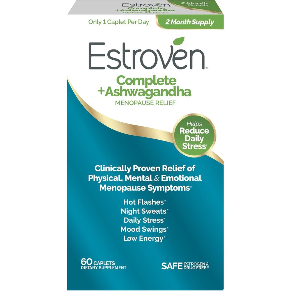Estroven Complete And Ashwagandha Menopause Supplement front view packaging