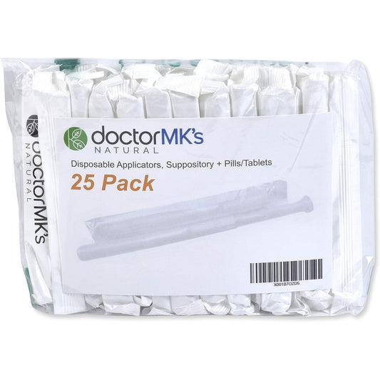 Doctor MK's Natural Suppository Applicators 25-pack front view for hygienic medication insertion.