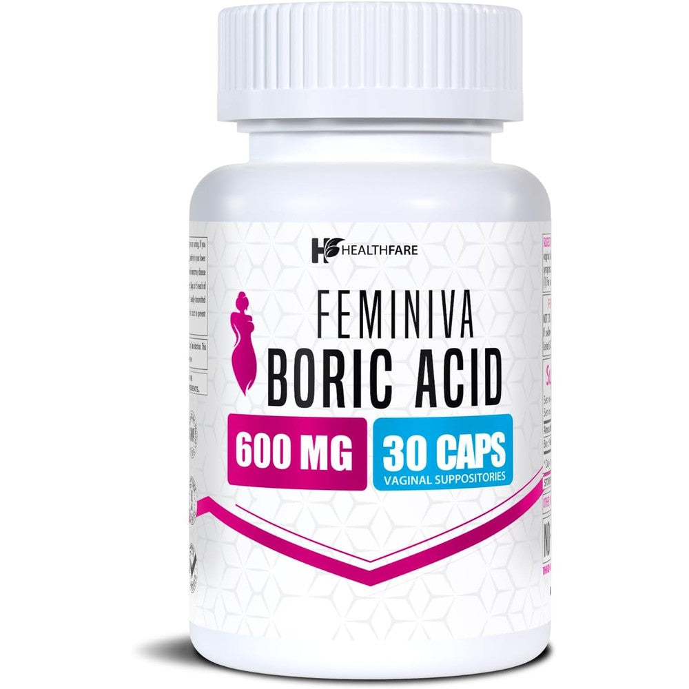 Healthfare Feminiva Boric Acid Vaginal Suppositories 30 Count front bottle view