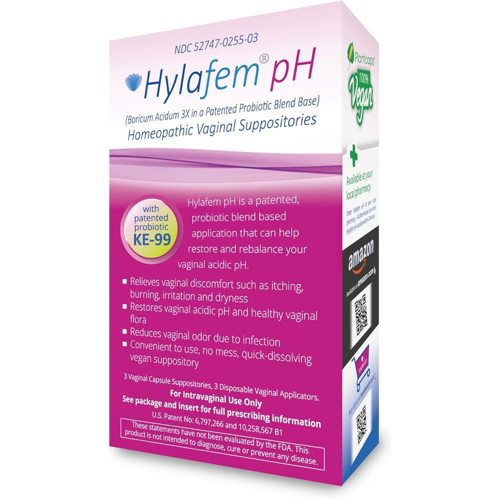USPC Hylafem pH vaginal suppositories front view for feminine pH balance.