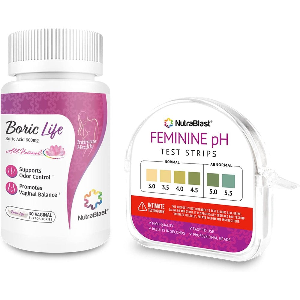 NutraBlast Boric Acid Vaginal Suppositories bottle front view for feminine hygiene.