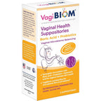 VagiBiom Boric Acid Suppositories front packaging view for vaginal health.