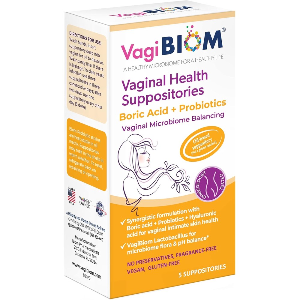 VagiBiom Boric Acid Suppositories front packaging view for vaginal health.