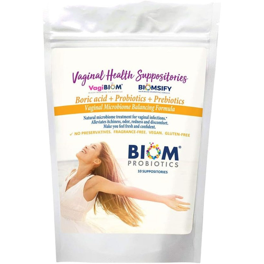 Biom Probiotics VagiBiom Boric Acid Suppositories front view for feminine pH balance.
