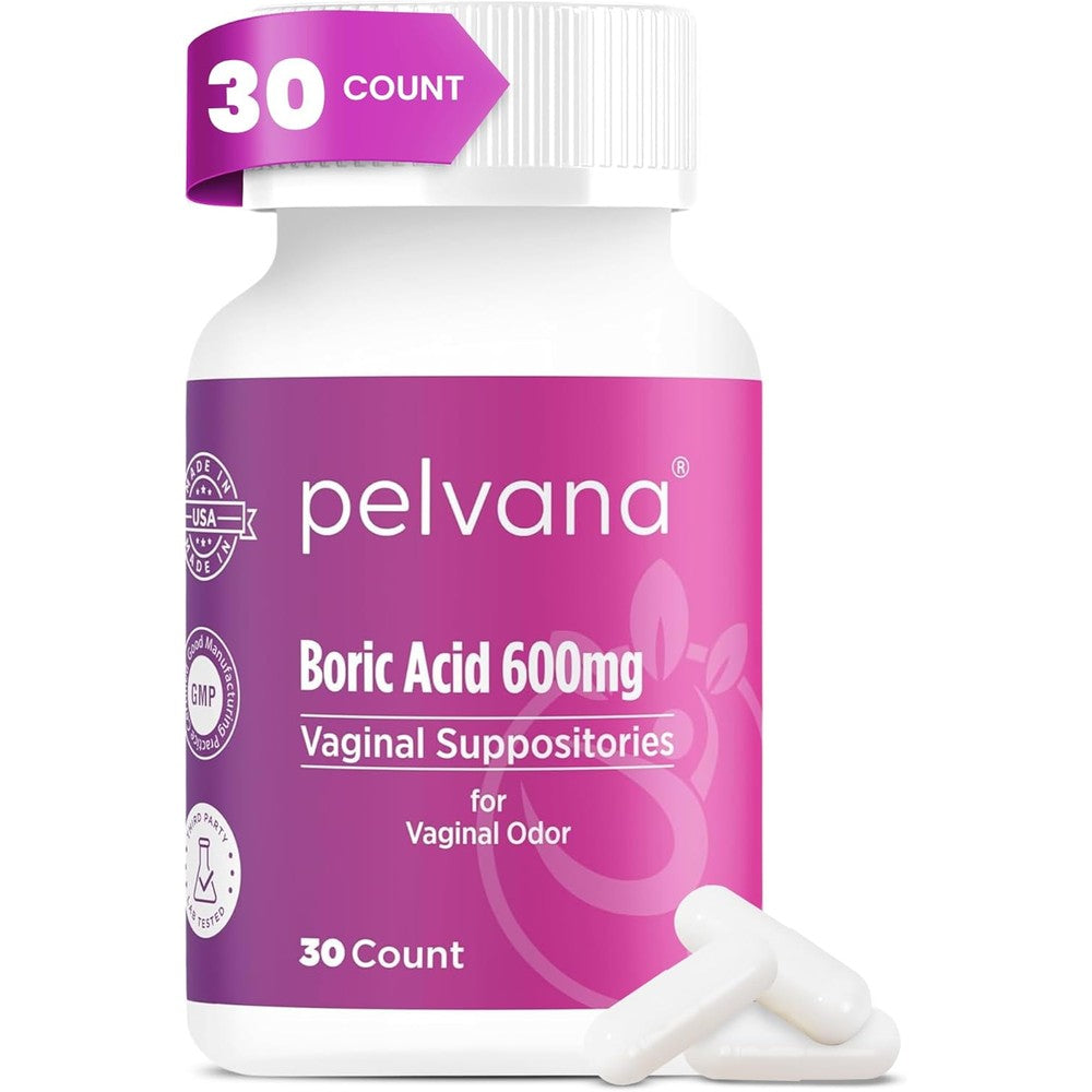 Pelvana Boric Acid Suppositories 30 Count front bottle view for feminine wellness.