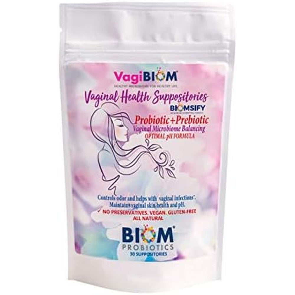 Biom VagiBiom Probiotic Suppository 30 count bag front view for feminine pH balance.