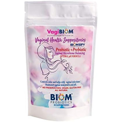Biom VagiBiom Probiotic Suppository 30 count bag front view for feminine pH balance.
