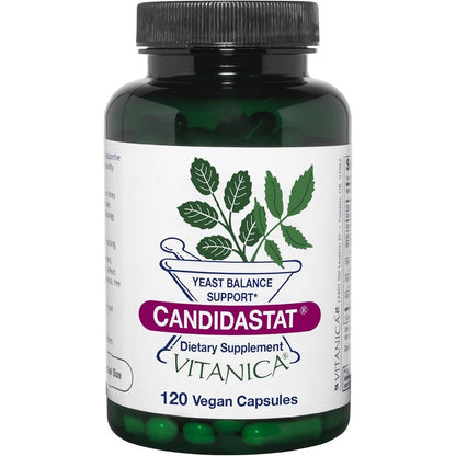Vitanica Candidastat 120 Capsules front bottle view for yeast balance.