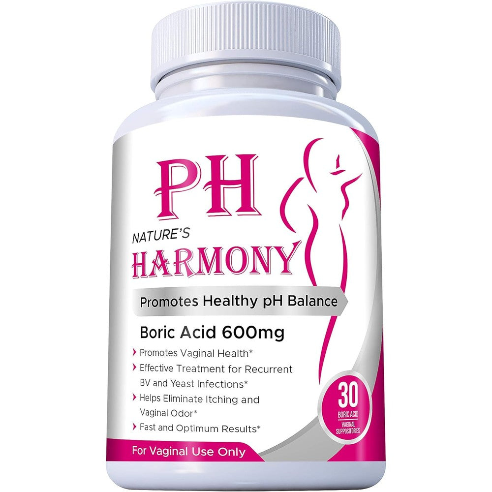 Nature's Harmony Boric Acid Suppositories front view for feminine pH balance.