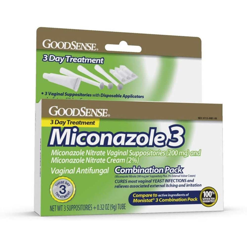 GoodSense Miconazole Nitrate 3 Day Treatment front packaging showing suppositories and cream for yeast infection relief.