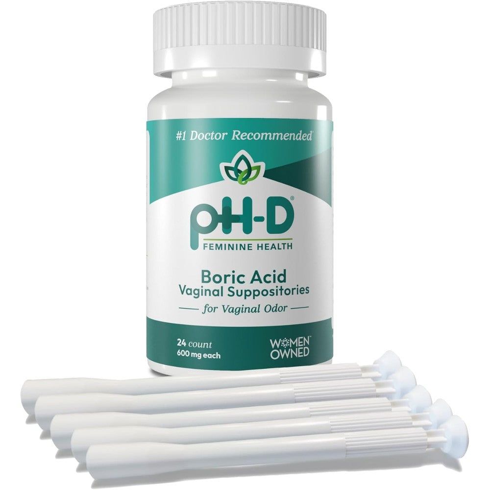 pH-D Feminine Health Support Boric Acid Starter Bundle front packaging showcasing 24 count suppositories and 5 applicators.