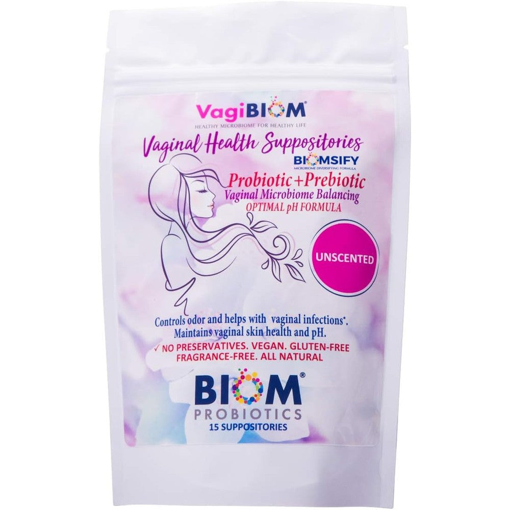 Biom Probiotics VagiBiom Suppository front packaging showing 15 count for vaginal health.