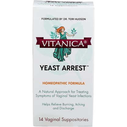 Vitanica Yeast Arrest 14 count box front view for vaginal health.