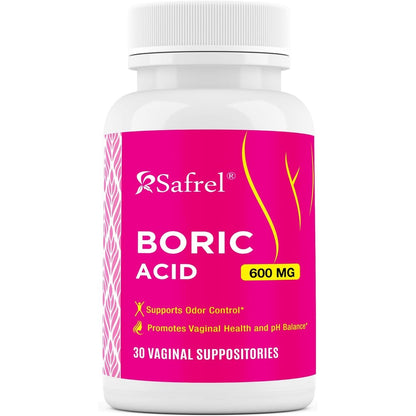 Safrel Boric Acid Vaginal Suppositories 30 count front packaging
