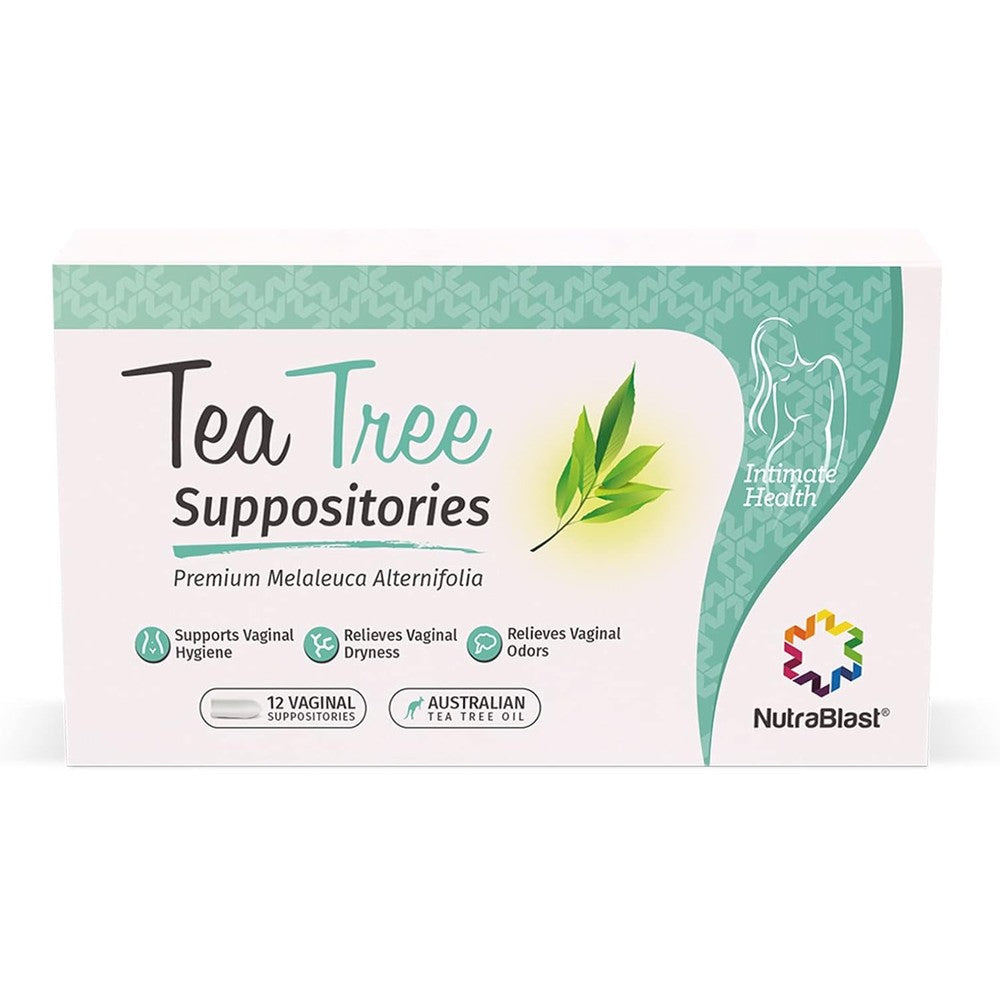 NutraBlast Tea Tree Oil Suppositories 12 Count front packaging for feminine hygiene.
