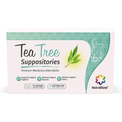 NutraBlast Tea Tree Oil Suppositories 12 Count front packaging for feminine hygiene.