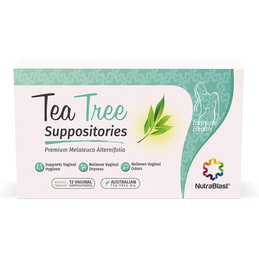 NutraBlast Tea Tree Oil Suppositories 12 Count front packaging for feminine hygiene.