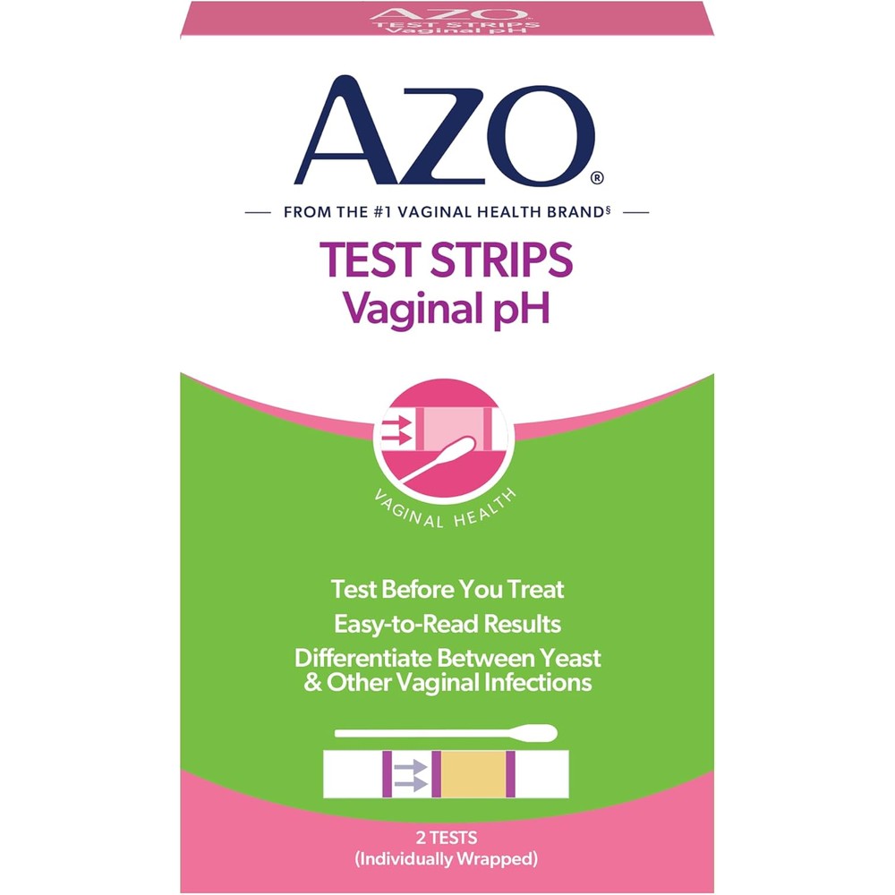 AZO Vaginal pH Test Kit front packaging showing two self tests for feminine health screening.