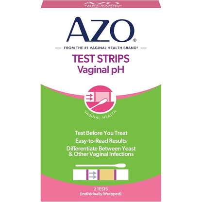 AZO Vaginal pH Test Kit front packaging showing two self tests for feminine health screening.