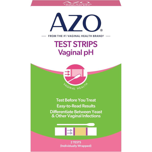 AZO Vaginal pH Test Kit front packaging showing two self tests for feminine health screening.