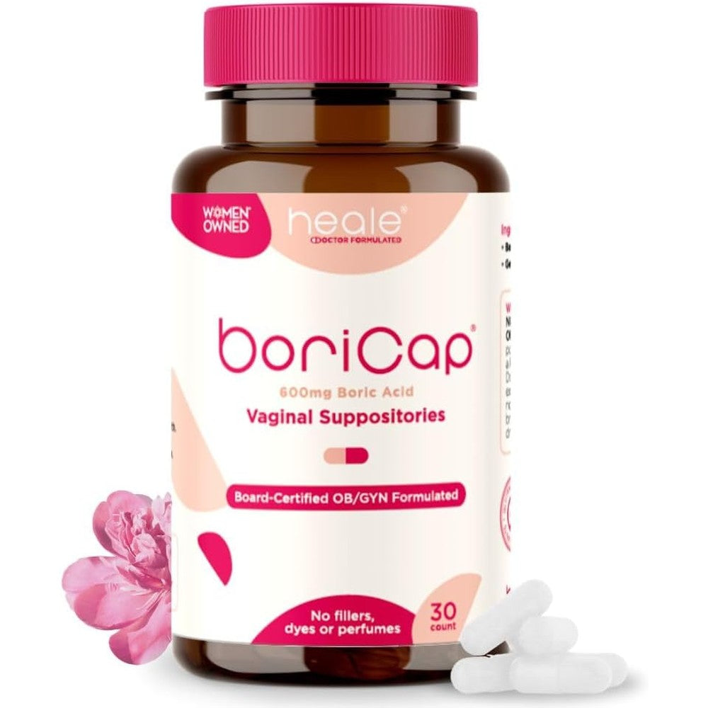 BoriCap Boric Acid Vaginal Suppositories 600mg front bottle view for feminine hygiene