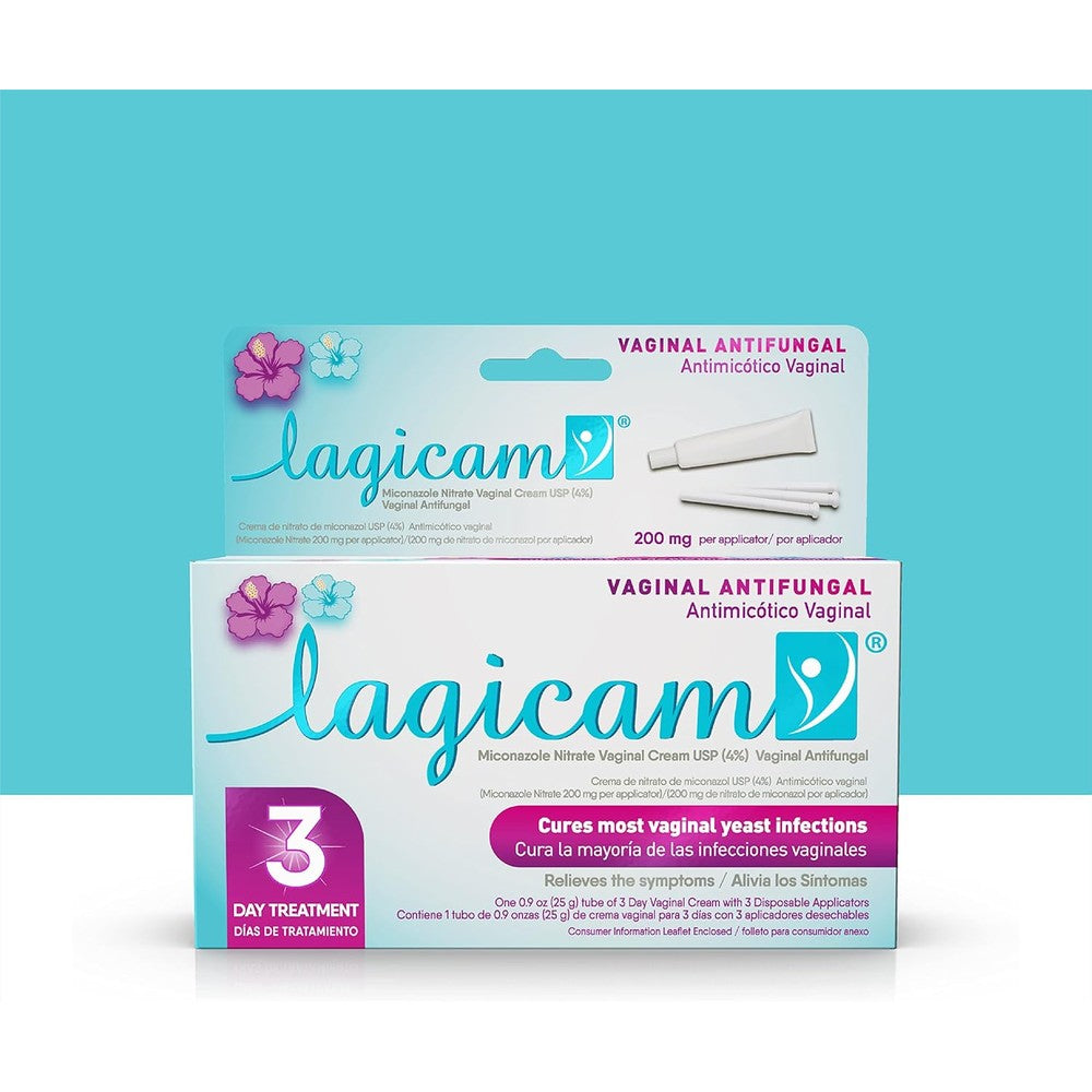 Lagicam 3 Day Vaginal Yeast Infection Treatment front packaging showing miconazole nitrate cream.