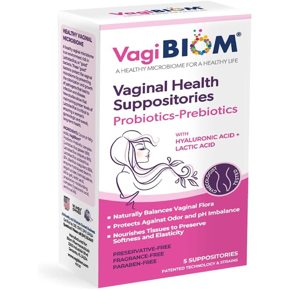 VagiBiom Lactobacillus Suppository front packaging for vaginal microbiome health.