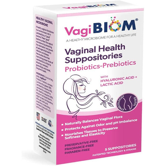 VagiBiom Lactobacillus Suppository front packaging for vaginal microbiome health.