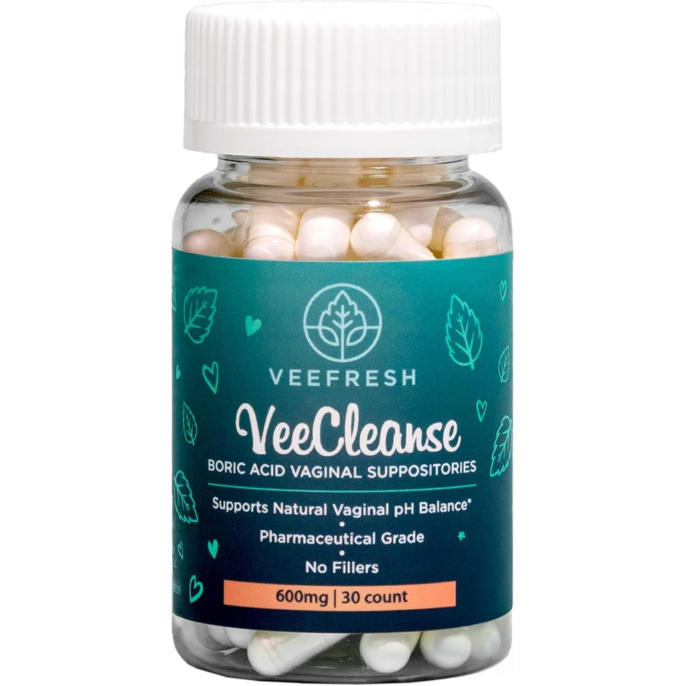 VeeFresh VeeCleanse Boric Acid Suppositories front bottle view for feminine wellness