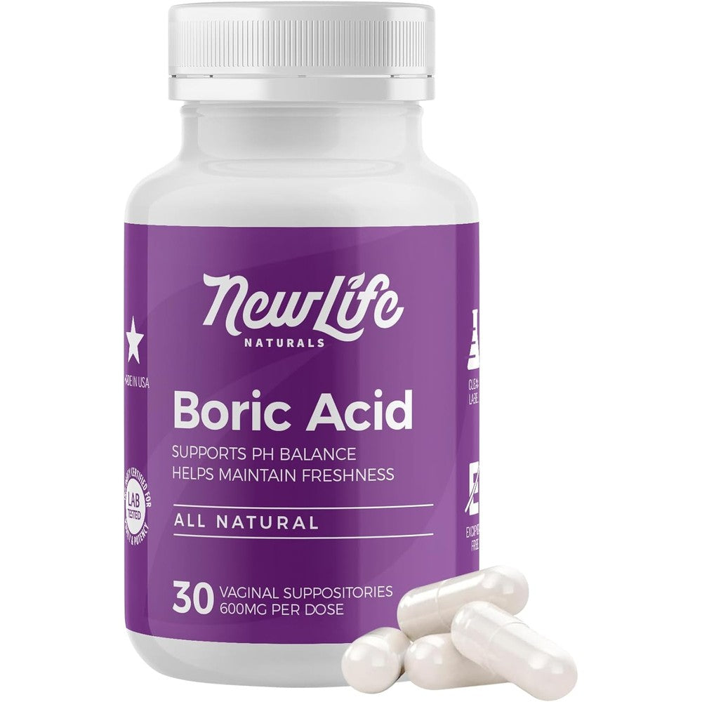 NewLife Naturals Boric Acid Suppositories front bottle view for feminine pH balance