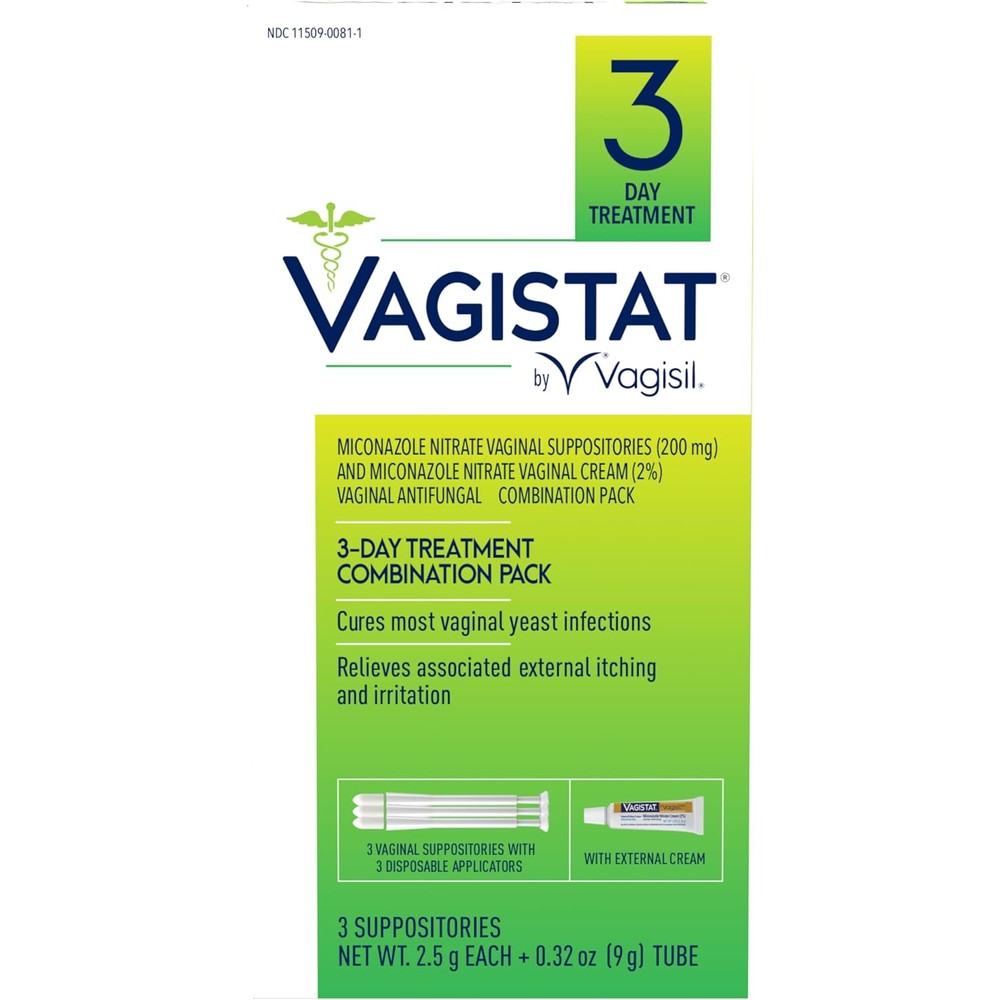 Vagisil Vagistat 3 Day Yeast Infection Treatment front packaging showing 3 suppositories.