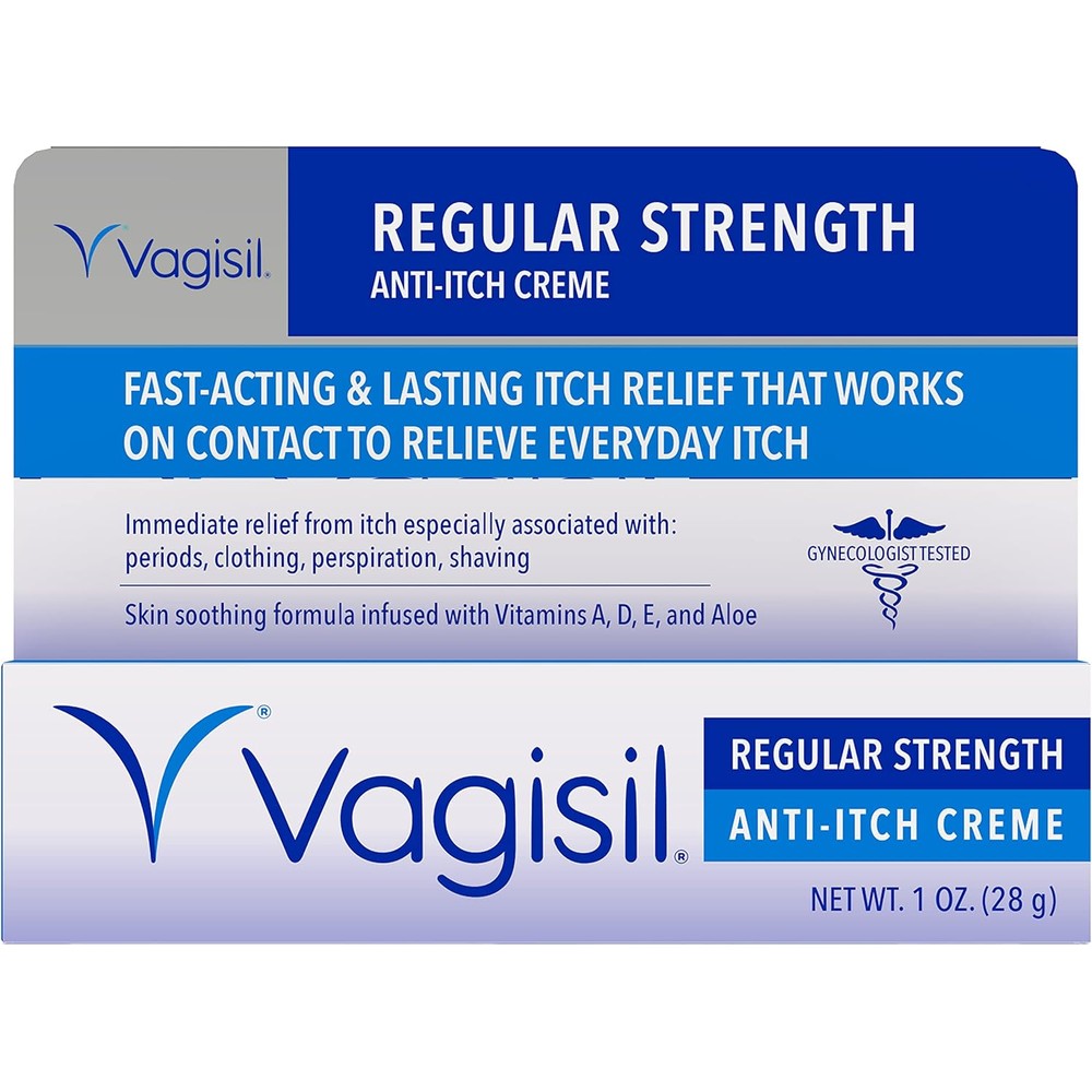 Vagisil Regular Strength Anti-Itch Feminine Cream 1 Ounce tube front view for fast relief.