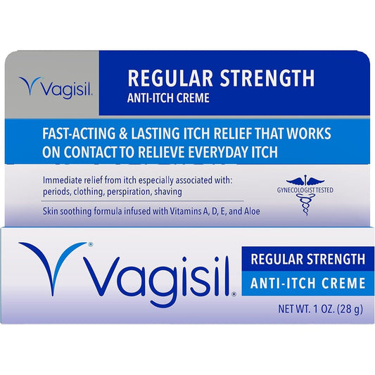 Vagisil Regular Strength Anti-Itch Feminine Cream 1 Ounce tube front view for fast relief.